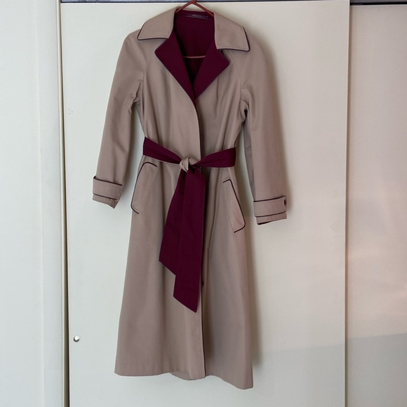 Vintage Etienne Aigner Reversible Burgundy Tan Trench Coat Belted Wrap Size 6 - Picture 2 of 16